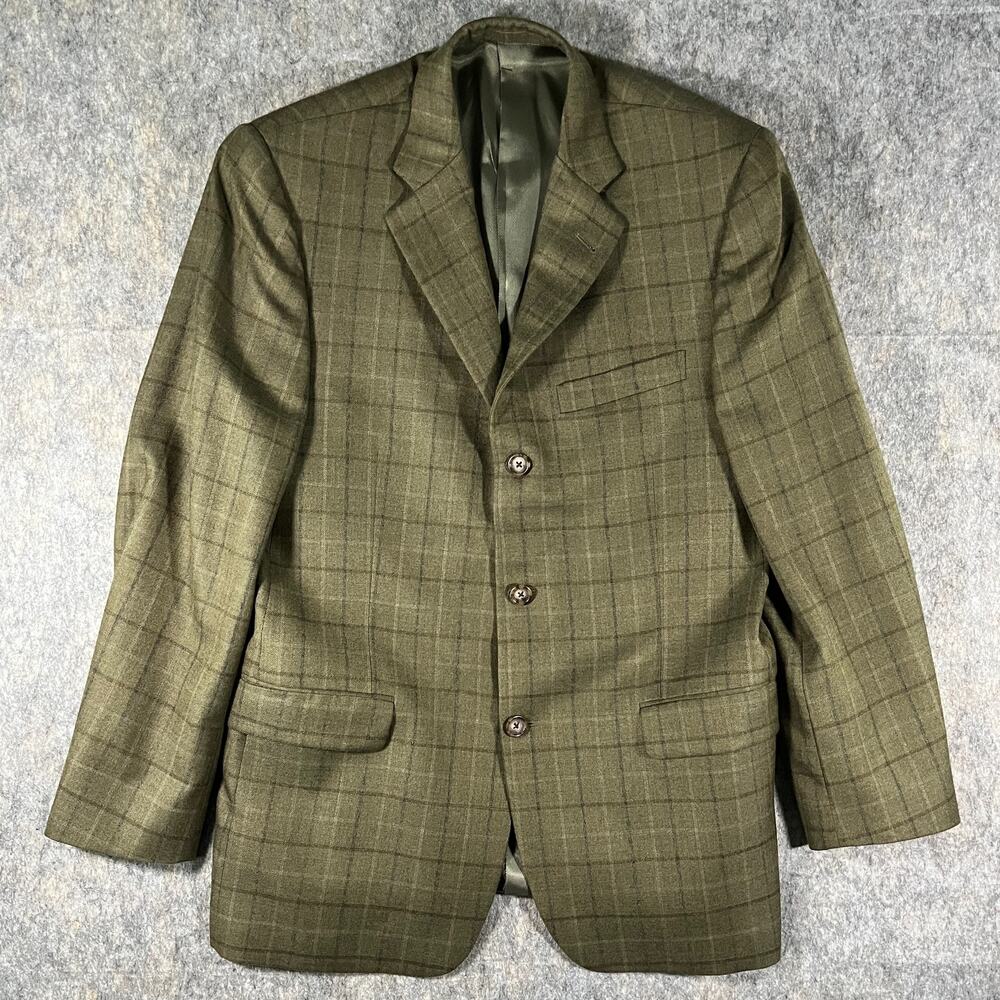Vintage Burberry London Mens Plaid Sport Coat Olive Green Wool Silk 42R Flaw VTG